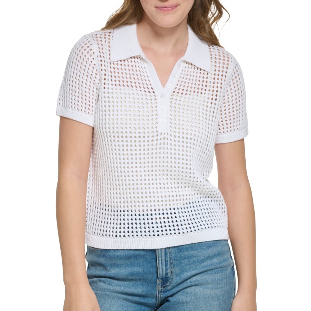 Women's Open-Stitch Short-Sleeve Polo Top Size XS